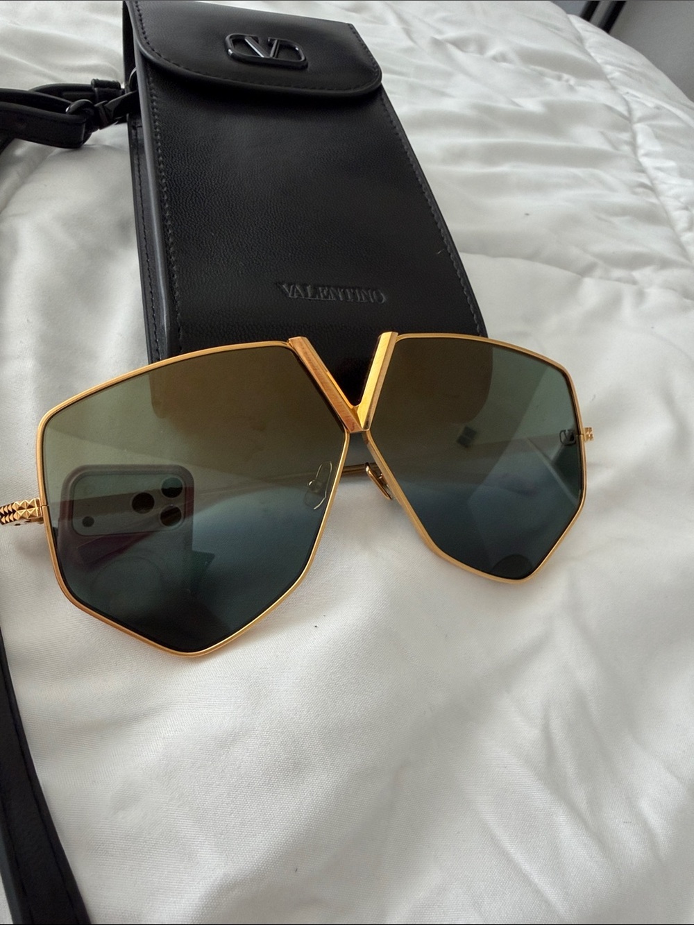 Valentino Gold Frame Sunglasses with Green-Blue Gradient Lenses